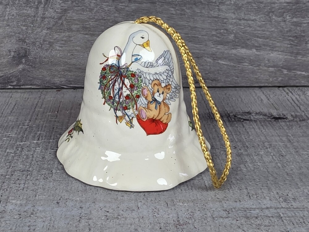 Vintage Ceramic Bell Christmas Goose Or Duck & Teddy Bear Ornament 25c5